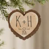 Carved Initials Rustic Wood Heart Ornament