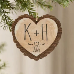 Carved Initials Rustic Wood Heart Ornament