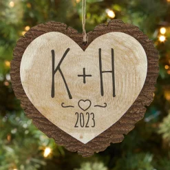 Carved Initials Rustic Wood Heart Ornament