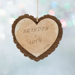 Carved Names Rustic Wood Heart Ornament