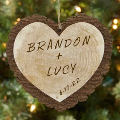 Carved Names Rustic Wood Heart Ornament