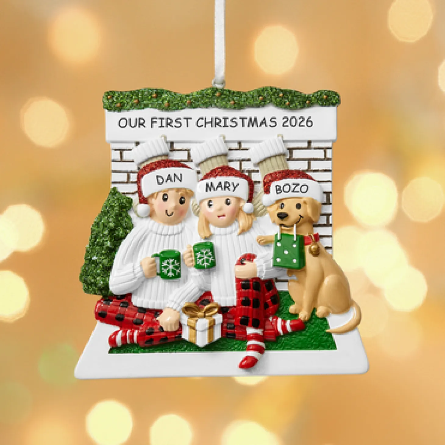 Cozy Fireplace Couple with Dog Ornament