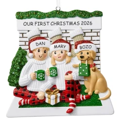 Cozy Fireplace Couple with Dog Ornament