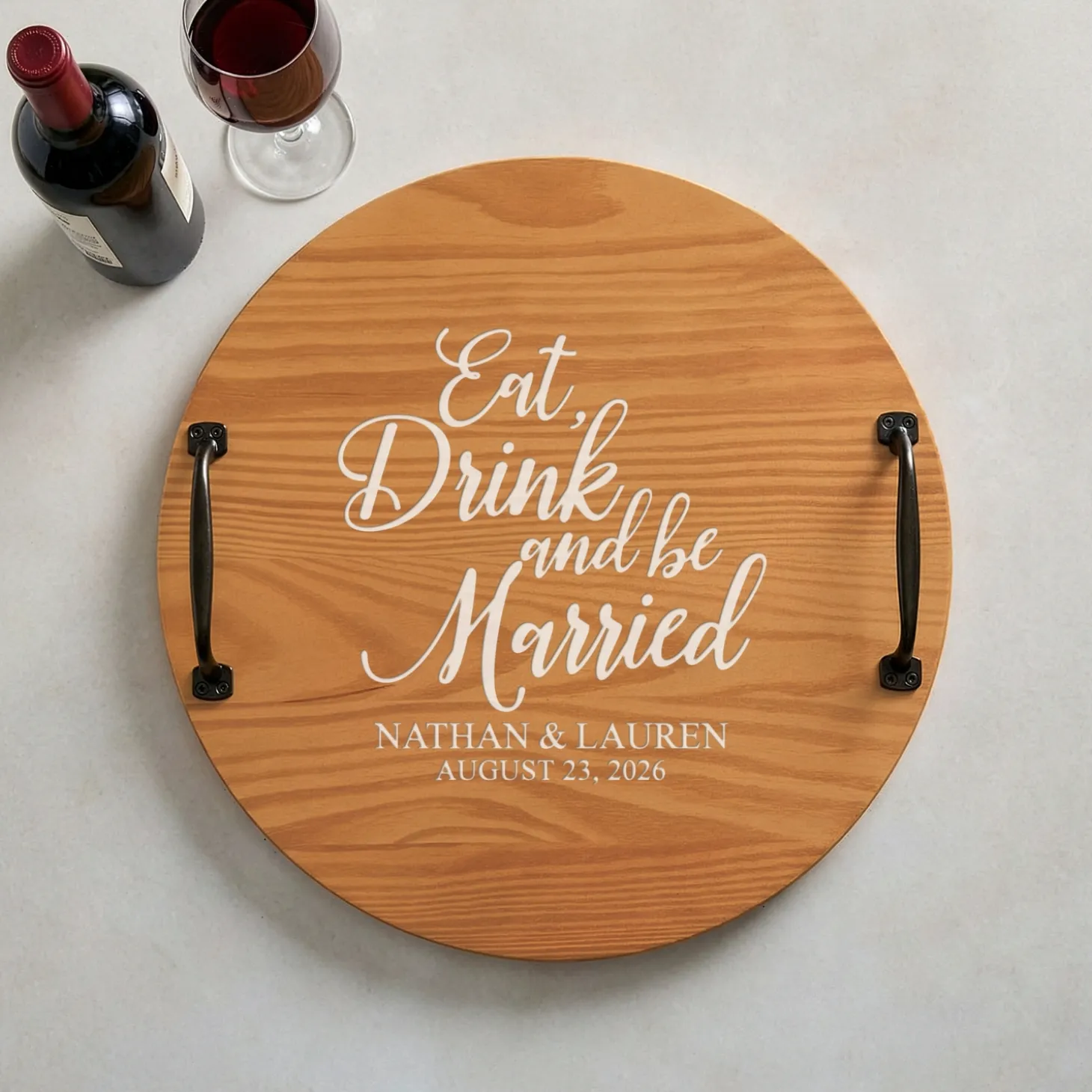 Eat, Drink & Be Married Classic Pine Wood Barrel Tray