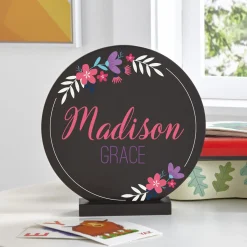 Floral Baby Name Wood Circle with Stand