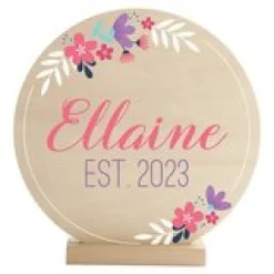 Floral Baby Name Wood Circle with Stand