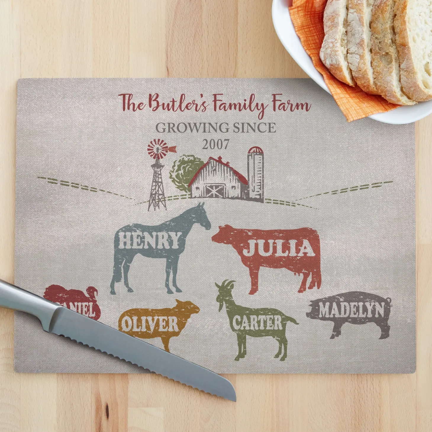 Fun Family Farm Glass Cutting Board