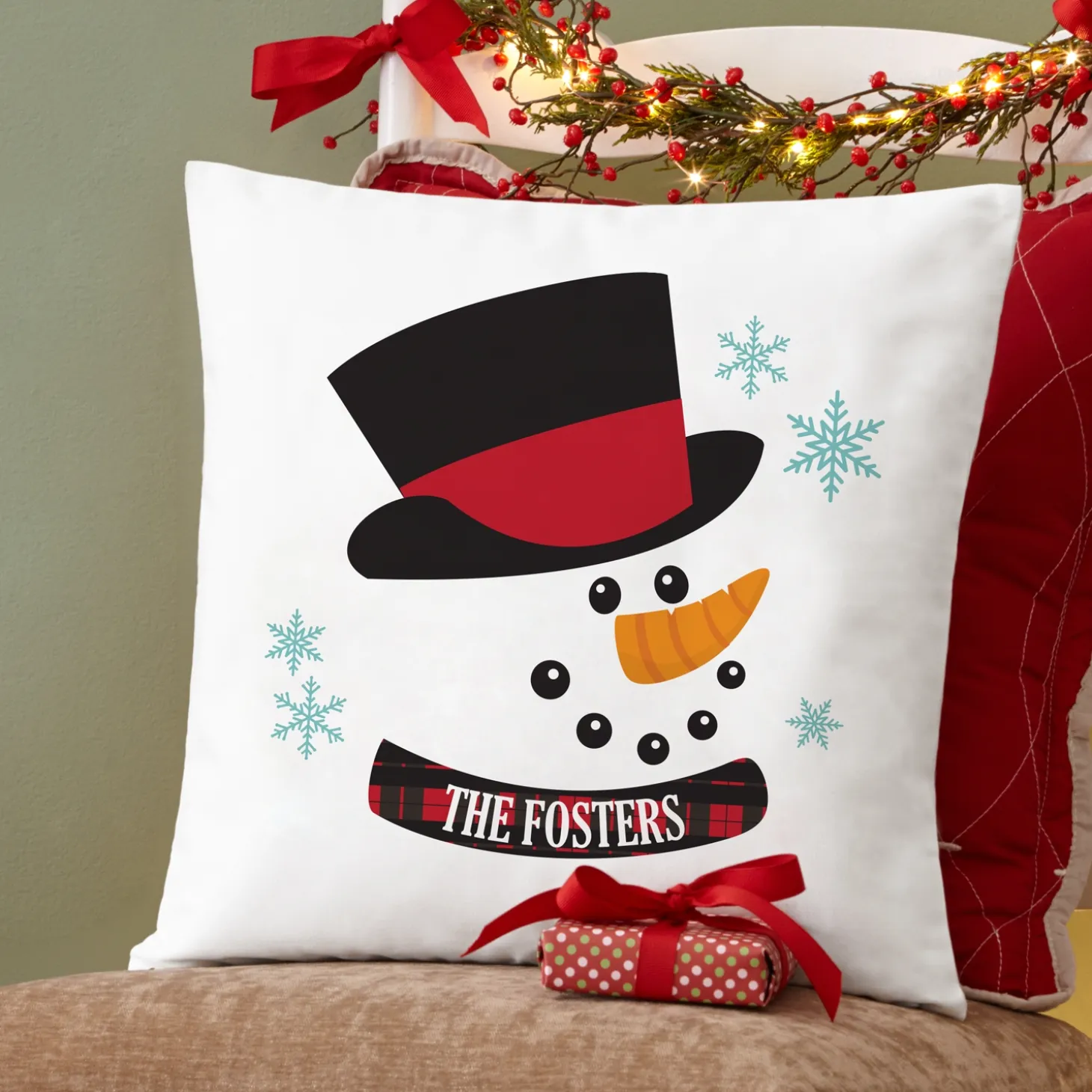 Holly Jolly Snowman Throw Pillow