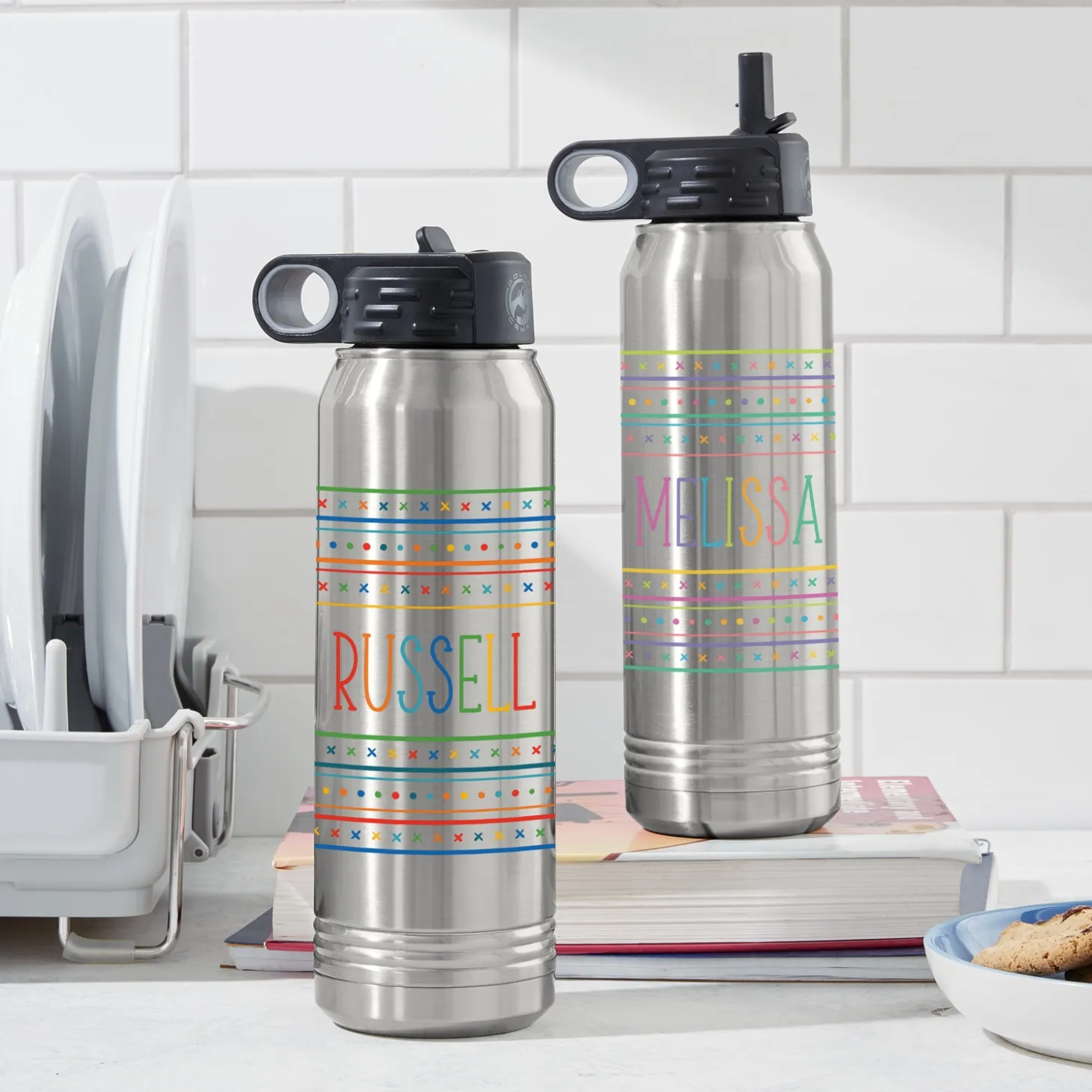 Name In Stripes Stainless Steel Water Bottle