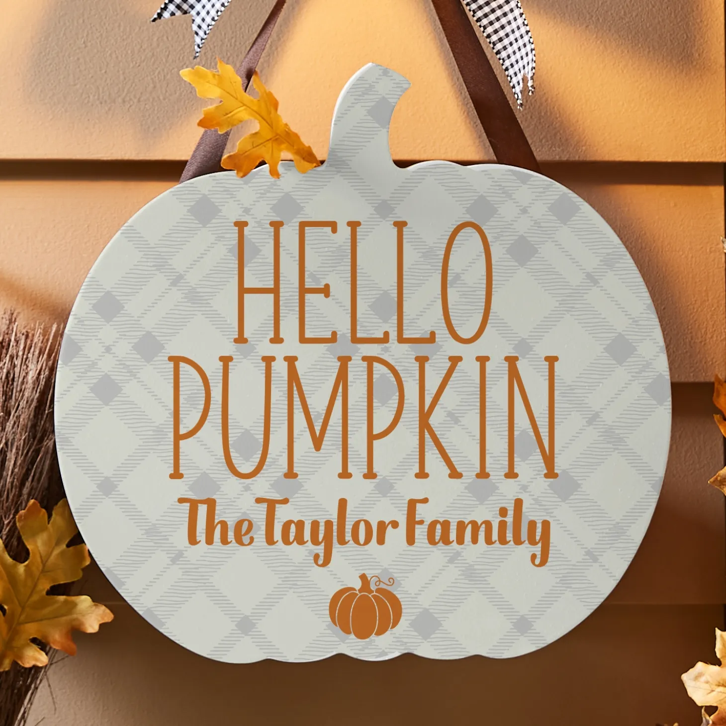 Plaid Pumpkin Hanging Wood Sign