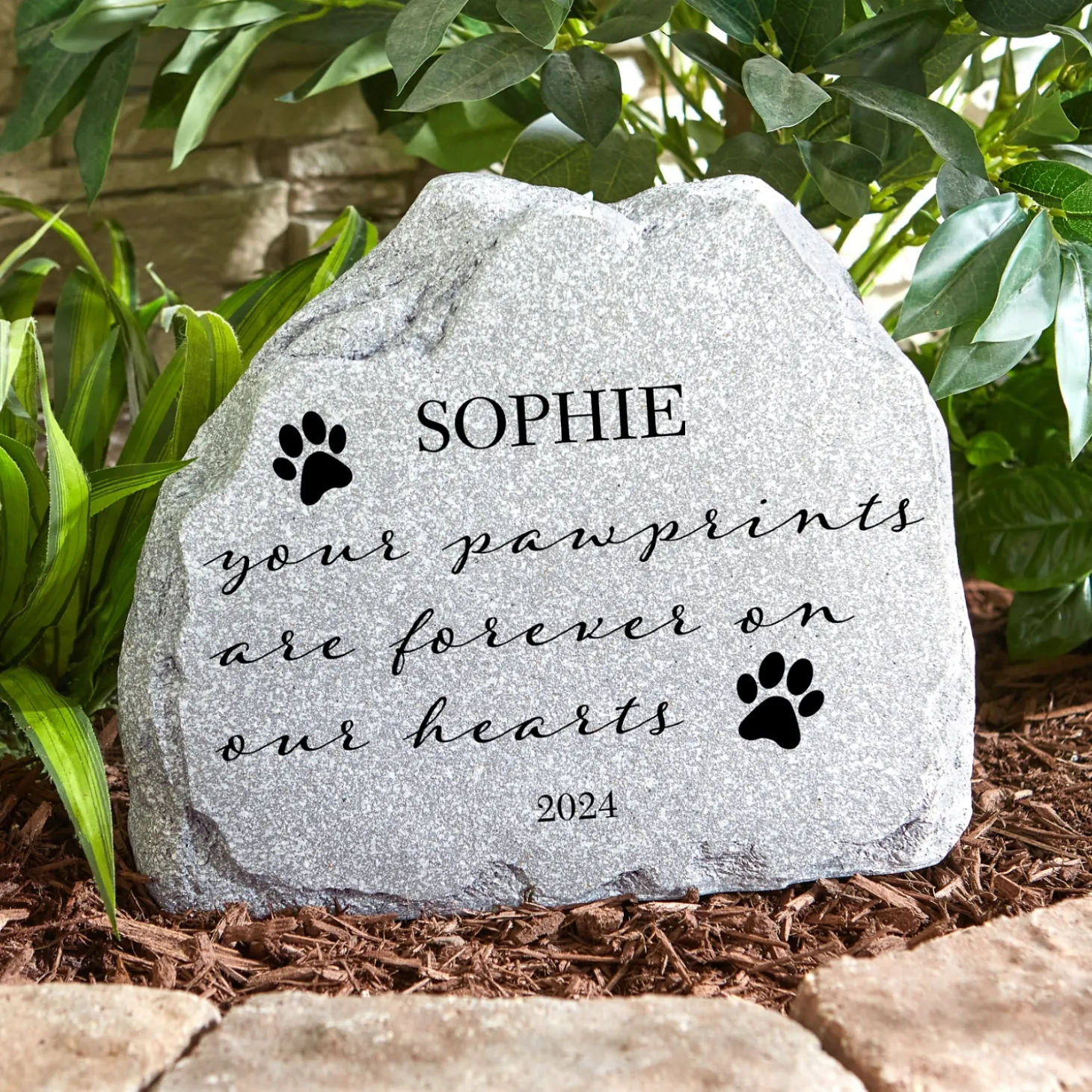 Scripted Paw Prints Pet Memorial Standing Garden Stone
